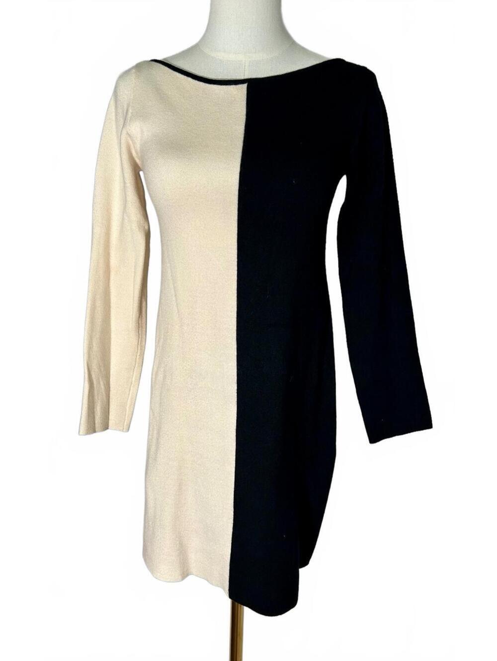 ZARA Womens S Black Cream Colorblock Knit Mini Sweater Dress Mod Long Sleeve